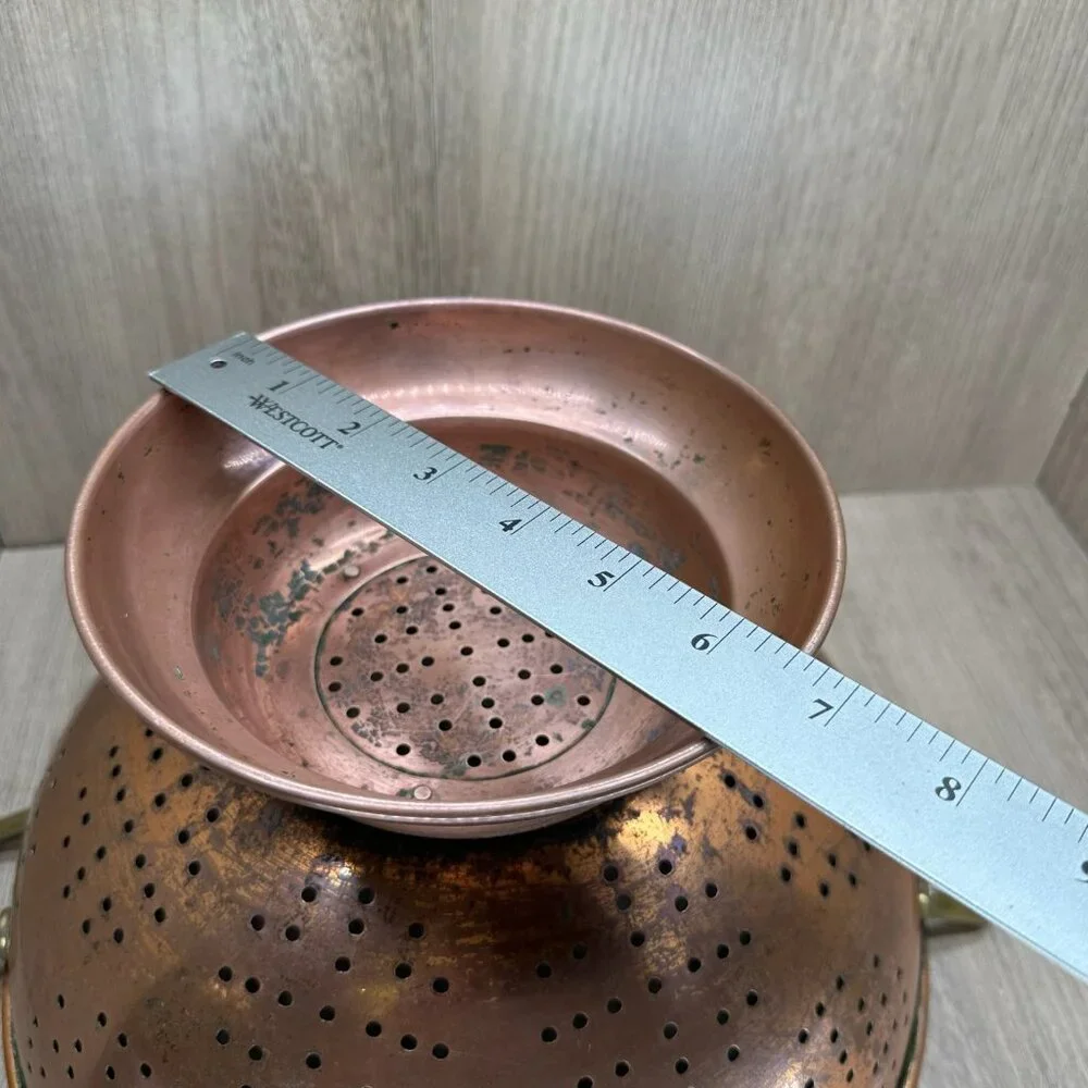 Vintage Solid Copper Colander Made in Korea w/ Brass Handles Wide Flare Patina - Picture 10 of 12